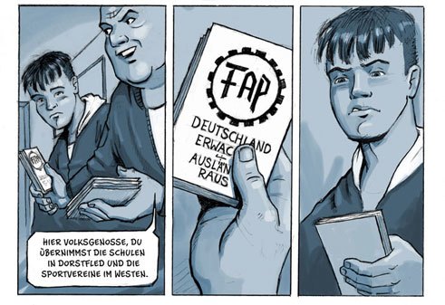 When neo-Nazis openly promote right-wing extremism at his school, Nils Oskamp opposes them in his graphic novel “Drei Steine” – everyone else looks the other way;