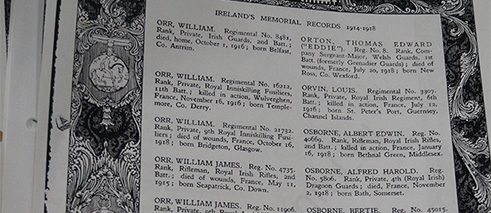 Kopierte Seite mit Nachnamen 'O' aus Ireland's Memorial Records