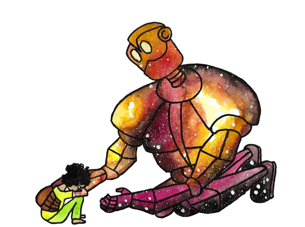 Watercolour drawing of a large yellow, pink, red robot reaching out to a small child sitting on the ground.