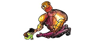 Dessin à l'aquarelle d'un grand robot jaune, rose et rouge tendant la main à un petit enfant assis par terre.