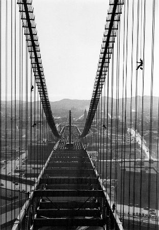 Painters Giving Suspender Cables a First Coat of Aluminum Paint, San Francisco-Oakland Bay Bridge (1934) by Peter Stackpole