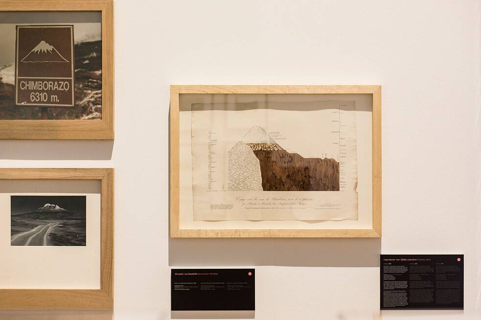  À esquerda: Antonio Bermúdez, <i> De volta ao centro do mundo. </i> À direita: Alexander von Humboldt, <i> Viagem ao cume do Chimborazo.</i> <b> A natureza das coisas: Humboldt, idas e vindas. </b> Fórum Humboldt, Berlim, 2019. 