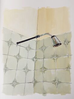 Drawing of a shower head against the backdrop of a tile wall