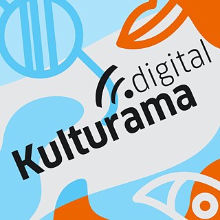 Der Titel Kulturama.digital wird auf einem blau-weiß-orangefarbenen Hintergrund angezeigt, der auch folgende Objekte enthält: eine Brille, ein Auge, ein Mund.