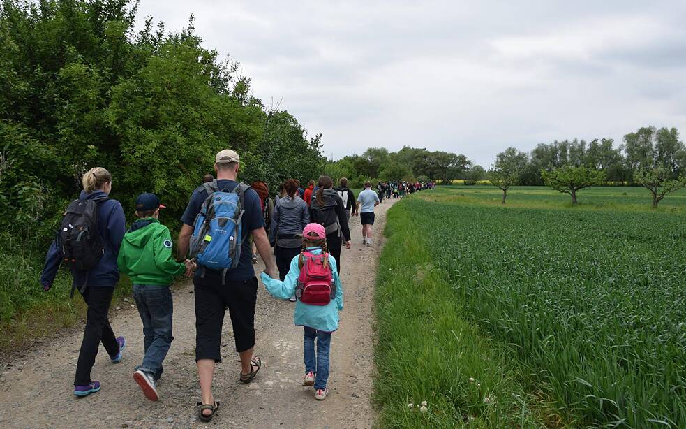 Gruppe von Menschen wandert auf einem Feldweg