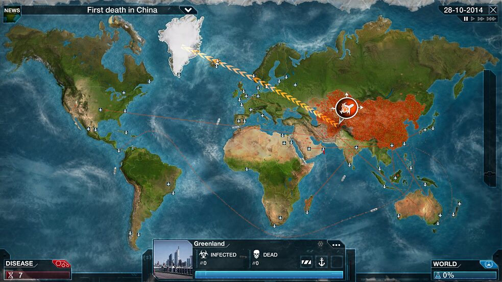 „Der erste Todesfall in China“ | Screenshot aus dem Spiel „Plague Inc.“