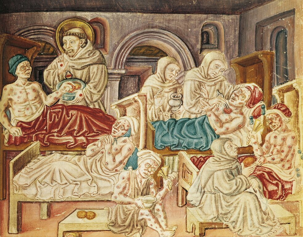 Svätý František a ďalší mnísi sa starajú o chorých na lepru. Miniatúra neznámeho umelca v rukopise “La Franceschina” od františkána Jacopa Oddiho (okolo 1474, Biblioteca Augusta Perugia)