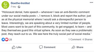 Facebook-Post von Pawel Sawicki mit dem Wortlaut: „Holocaustleugnung, Hassrede – wann immer ich unter unseren Beiträgen in den sozialen Medien einen antisemitischen Kommentar sehe, entferne ich ihn, blockiere und melde den bzw. die Autor*in; genau wie an der physischen Gedenkstätte, wo ich jemanden, der sich respektlos verhält, auffordern würde, zu gehen. Interessanterweise sprechen wir dabei von einer sehr geringen Anzahl von Leuten. Die meisten Nutzer*innen möchten Teil dieser Gemeinschaft sein, möchten mitmachen, lernen – und sie selbst schützen diese virtuelle Welt. Sobald ein problematischer Beitrag auftaucht, wenden sie sich an uns. Wir sehen hier den wahrhaft sozialen Aspekt der sozialen Medien.“ © Foto (Detail): © Facebook-Kanal Goethe-Institut Pawel Sawicki über Holocaustleugnung und Hassreden auf Facebook