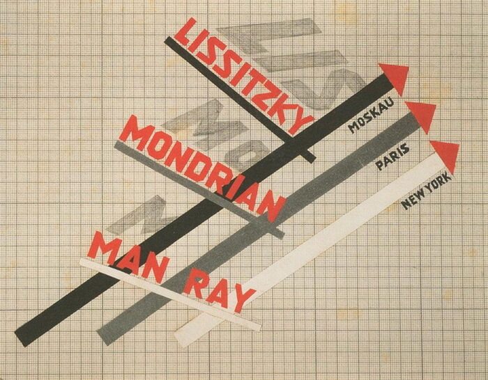 Plakat zur Ausstellung von Lissitzky, Mondrian und Man Ray, Staatliche Tretjakow-Galerie, Moskau, Russland