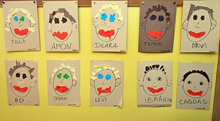 Racism - Names under children's drawings in a childcare centre in Berlin-Neukölln