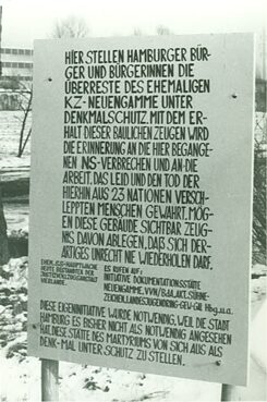 Protest sign erected at the site of the concentration camp at Neuengamme, 28 January 1984
