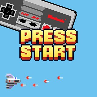 The cover is light blue, with a grey game console at the top left of the picture and a rocket shooting arrows at the bottom, both images slightly pixelated like in an old video game. In the front, Press Start is written in yellow capital letters.   