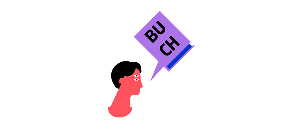 Illustration: Eine Person mit einer Sprechblase in Form eines Buches auf dem die Buschstaben B, U, C, H zu lesen sind