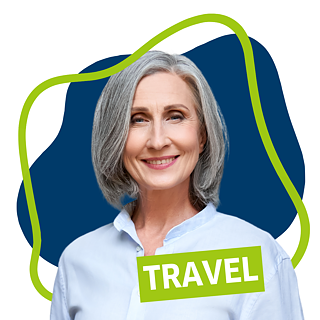 Woman with colorful background and word "Travel"