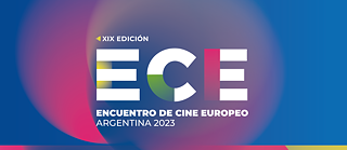 Diseño abstracto de colores con el logo del Encuentro de Cine Europeo 2023