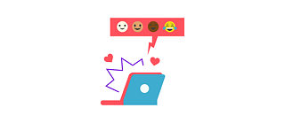 Illustration:>Ein geöffneter Laptop-Computer mit eine Sprechblase, die verschiedenfarbige Smileys enthält