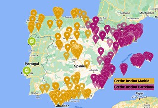 Eine Landkarte von Spanien zeigt an wo Deutsch unterrichtet wird