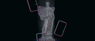 Illustration is showing a baroque statue on a black background and mobile phone covers over it. 