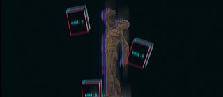 Illustration is showing a baroque statue on a black background and digital books over it. 
