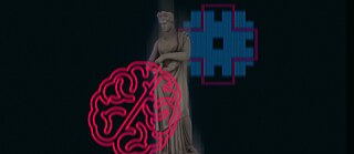 Illustration is showing a baroque statue on a black background and over it a visual of a brain. 