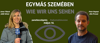 Collage with  dark green background, showing a photo of Anna Tillack (ARD Wien) with a microphone in her hand on the left and Péter Bognár (Die Presse) on the right. An eye icon in the centre with the lettering “Egymás szemében / Wie wir uns sehen” above it.