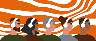 I forgrunden ses fem tegnede personer i forskellige hudfarver med hovedtelefoner på en orange- og hvidstribet baggrund.