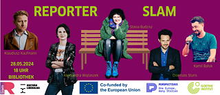Illustration shows the Key Visual of the event “Reporter Slam – Live journalism for the first time in Poland”: Portraits of the participants Kamil Bałuk, Stasia Budzisz, Dionisios Sturis, Aleksandra Wojtaszek and Klaudiusz Kaufmann moreover lettering of event name and event details.