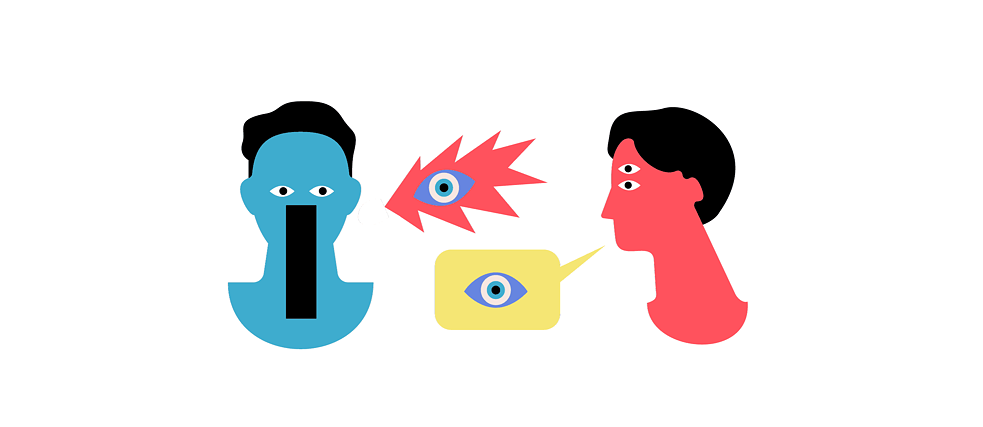 Illustration: Zwei Personen mit Sprechblasen, in denen sich Augen befinden