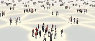 Symbolbild für Netzwerkverbindung: Viele Gruppen von Menschen die auf einem Liniennetz stehen. Sie bilden ein Netzwerk.