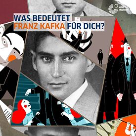 Eine Collage aus Fotos und Illustrationen von Kafka
