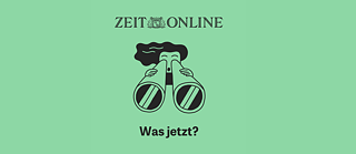 Lysegrøn baggrund med en tegnet person, der kigger gennem en kikkert. Under den står titlen på podcasten ZEIT Online -Was Jetzt?