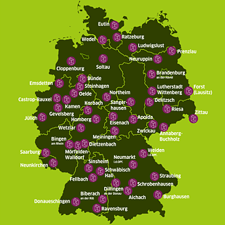 Graphic map of Germany with the locations of the information centres marked on it