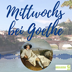 Auf dem Podcast-Cover steht in eleganter Schrift der Podcast-Titel "Mittwochs bei Goethe". Zu sehen ist eine idyllische Landschaft. Im unteren Teil des Posters befindet sich ein rundes Bild von Johann Wolfgang von Goethe, wie er in einer malerischen Landschaft sitzt.