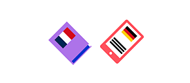 Illustration: A book with French flag and a tablet computer with German flag