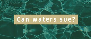 Grünes Wasser und der Text "Can waters sue" auf orangem Hintergrund