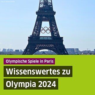 Der Eiffelturm vor dem Stadtpanorama von Paris. Am Eiffelturm sind die olympischen Ringe angebracht.