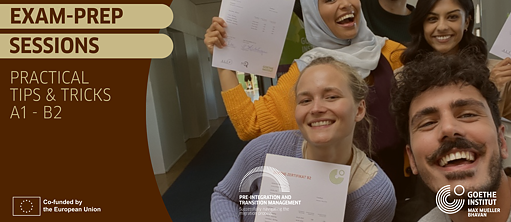 A group of happy people holding certificates, with text promoting 'Exam-Prep Sessions: Practical Tips & Tricks A1-B2'.