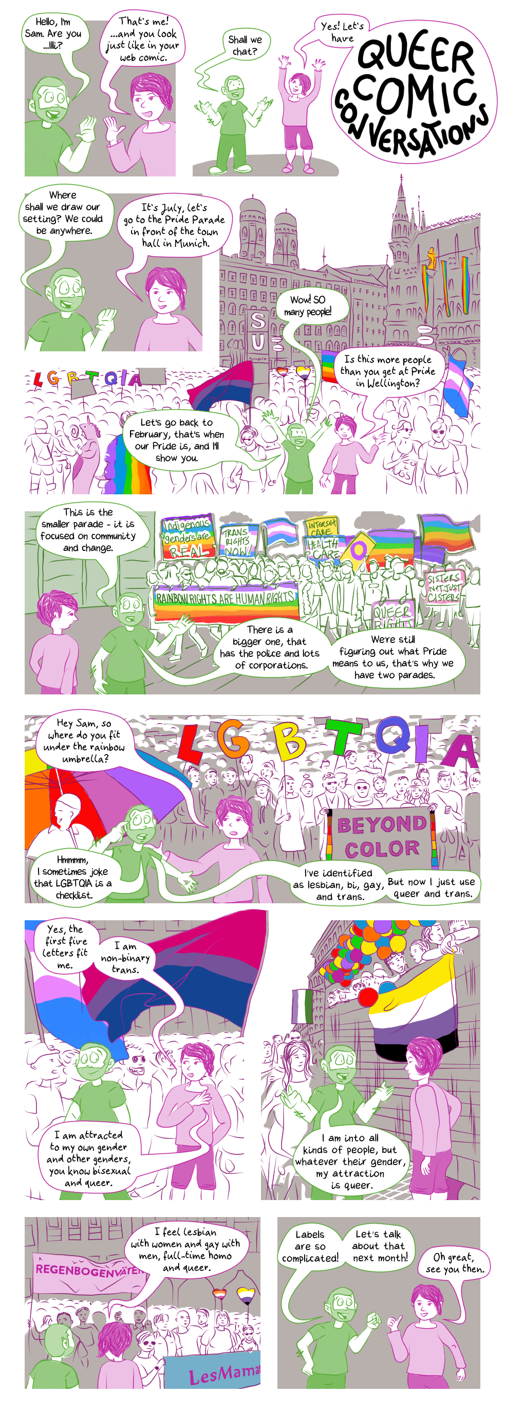 visual comic: Queer Comic Conversation - July: Pride Parade, scroll down for text-based comic (after annotations)