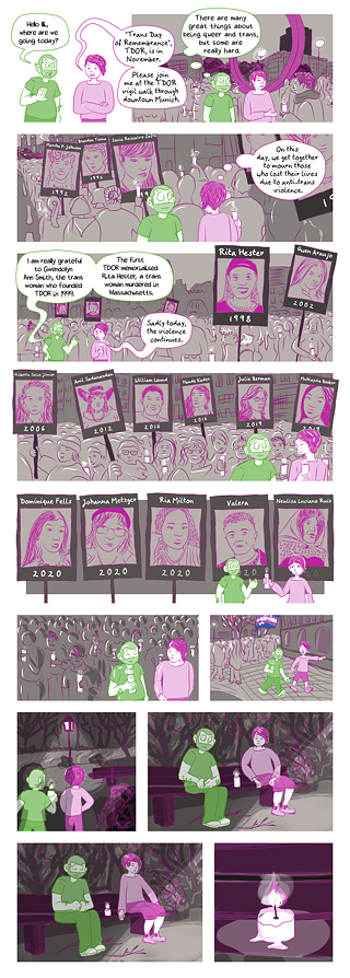 visual comic: Queer Comic Conversation - November: TDOR, scroll down for text-based comic (after annotations)