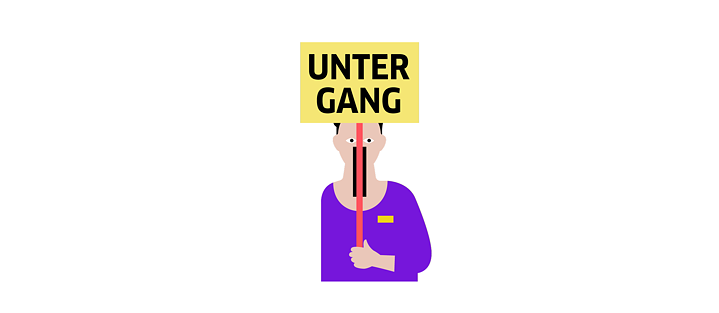 Illustration: Ein Mann mit weit aufgerissenem Mund hält ein Schild mit der Aufschrift „Untergang“