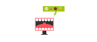 Illustration: Ein Bildschirm auf dem ein weit geöffneter Mund zu sehen ist, Sprechblase mit mehreren Smileys