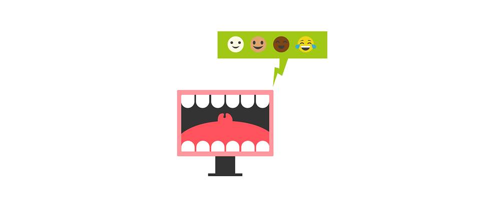 Illustration: A screen on which a wide open mouth can be seen, speech bubble with several smileys