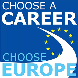 Weiße und hellblaue Schrift "Choose a career, choose Europe" auf dunkelblauem Hintergrund mit den Sternen der Europäischen Union