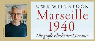 Uwe Wittstock regarde la caméra, souriant (doite) et extrait de la couverture du livre 'Marseille 1940. Die große Flucht der Literatur' (gauche)