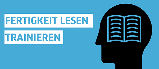 Head with book and text saying: Fertigkeit Lesen Trainieren