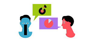 Illustration: Two heads with speech bubbles, in the left speech bubble a record from which a piece has been broken out, in the right speech bubble a pie chart