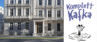 The front view of the Goethe-Institut London building (left) and the lettering ‘Komplett Kafka’ and an illustration (right)