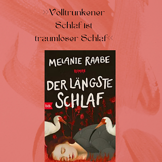 Red background with the book cover of Melanie Raabe's ‘Der längste Schlaf’ in the middle and the quote ‘Volltrunkener Schlaf ist traumloser Schlaf’ above it.