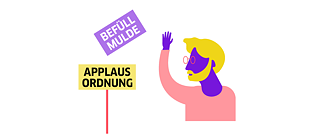 Illustration: Eine Person mit erhobener Hand, auf zwei Schilder blickend. Aufschriften der Schilder: „Applausordnung“ und „Befüllmulde“