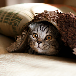 A gray cat with wide eyes peeks out from under a blanket, appearing alert and curious.